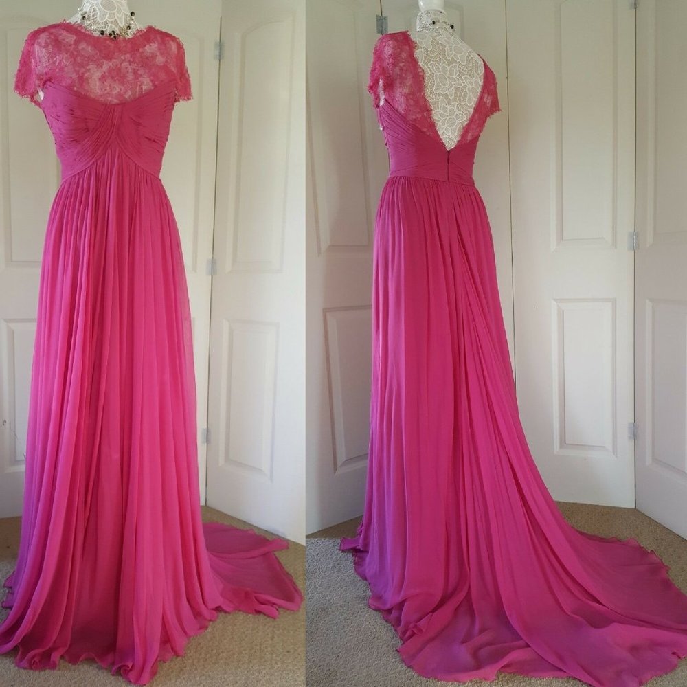 *$4000 NEW MONIQUE LHUILLIER STUNNING SILK LACE CHIFFON GOWN DRESS RUNWAY US 10